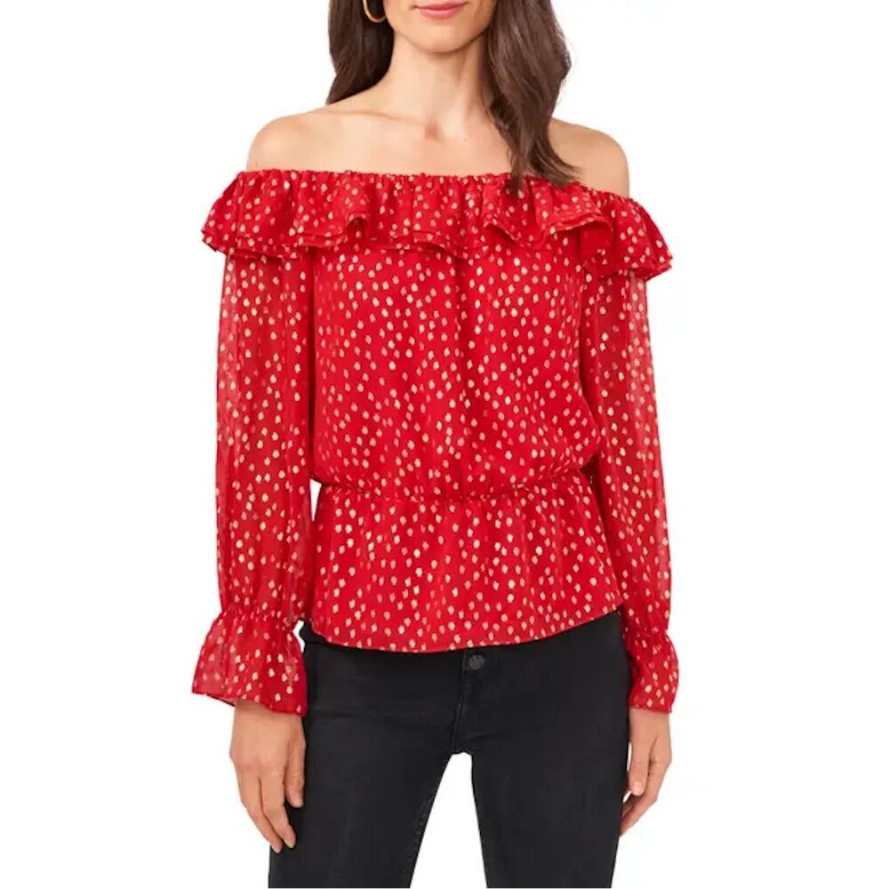 NWT New Vince Camuto Red Off the Shoulder Foil Chiffon Blouse Size XS